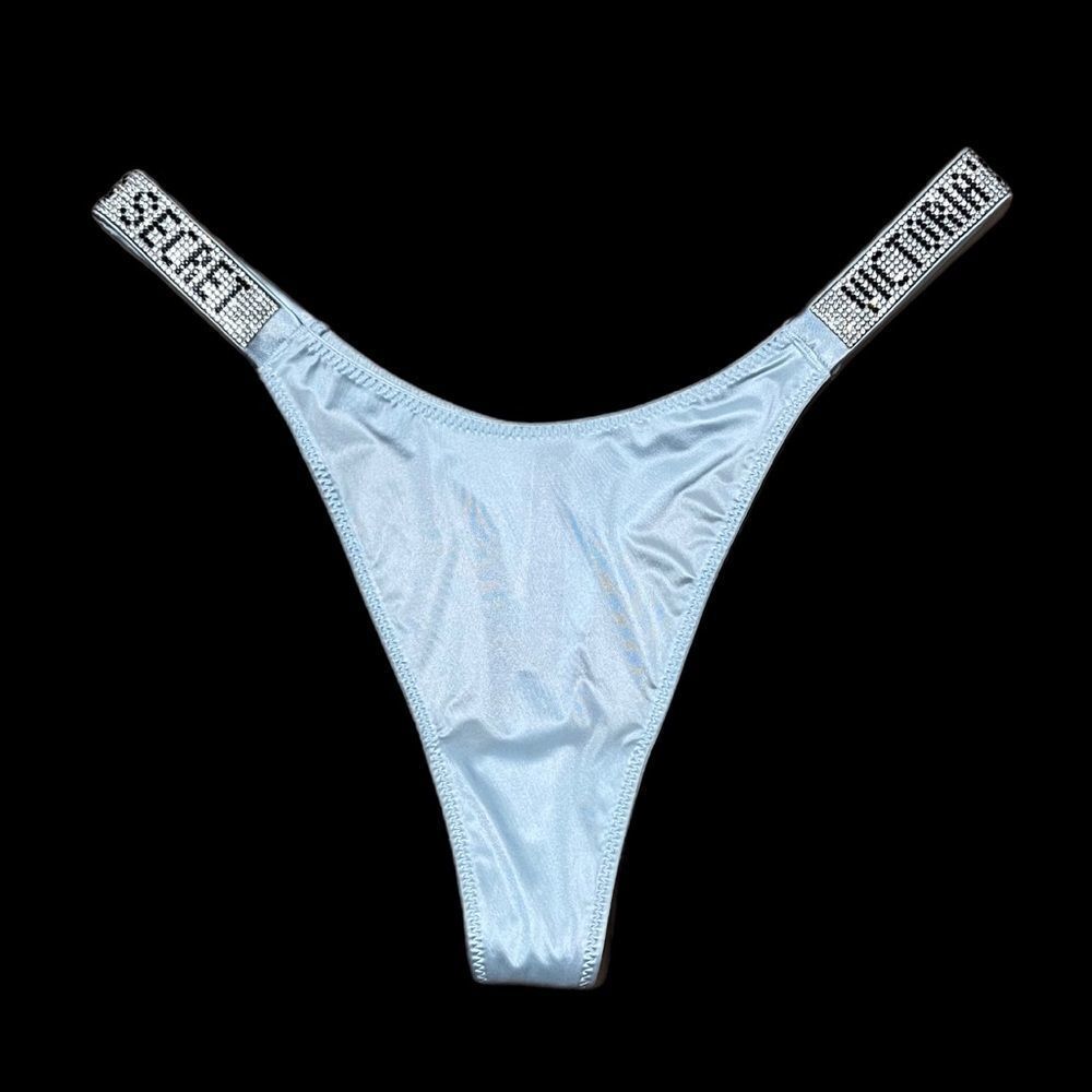 Victorias Secret Bombshell Shine Rhinestones Strap Thong panty Blue M LAST ONE